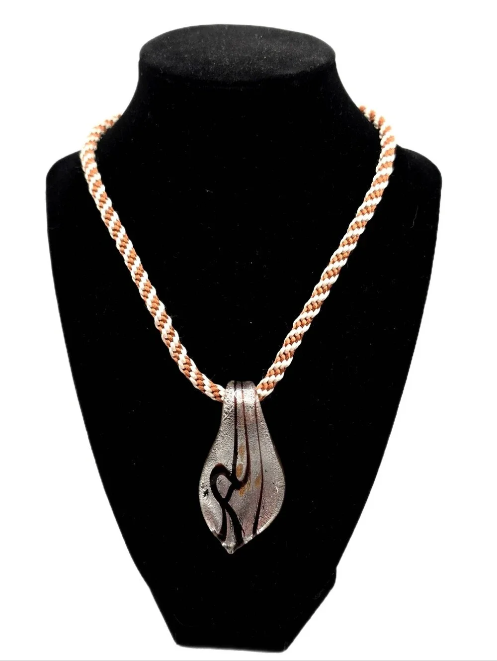 Glass Pendant Necklace Choker Style Braided Cord Chocolate & Glittery Silver